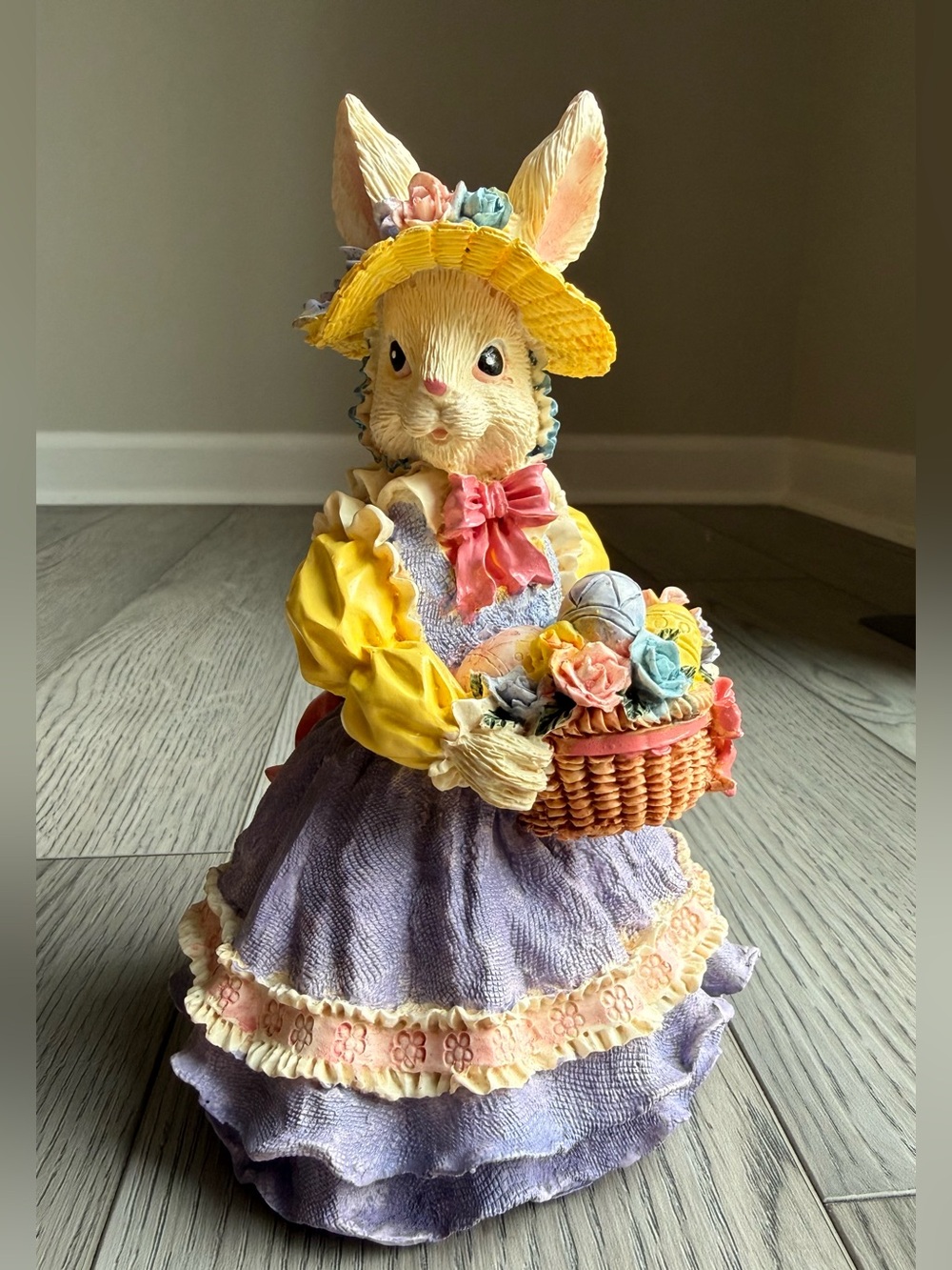 Vintage Easter Bunny Figurine with Flower Basket 8”